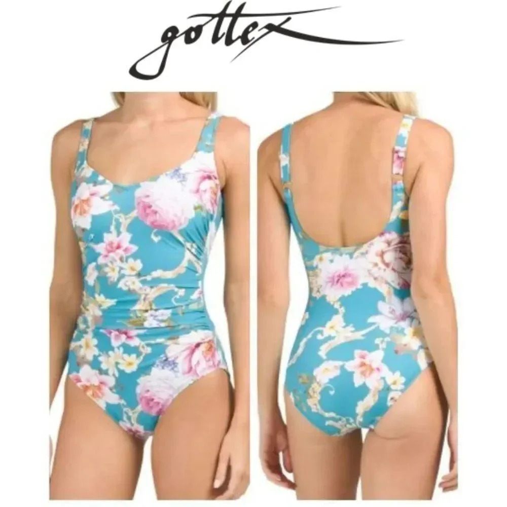 Gottex Women's Floral turquoise one-piece sweatheart neckline swimsuit …